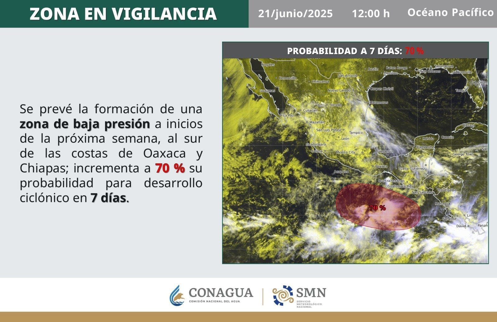 CONAGUA eleva al 70% la probabilidad de ciclón frente a Oaxaca y Chiapas