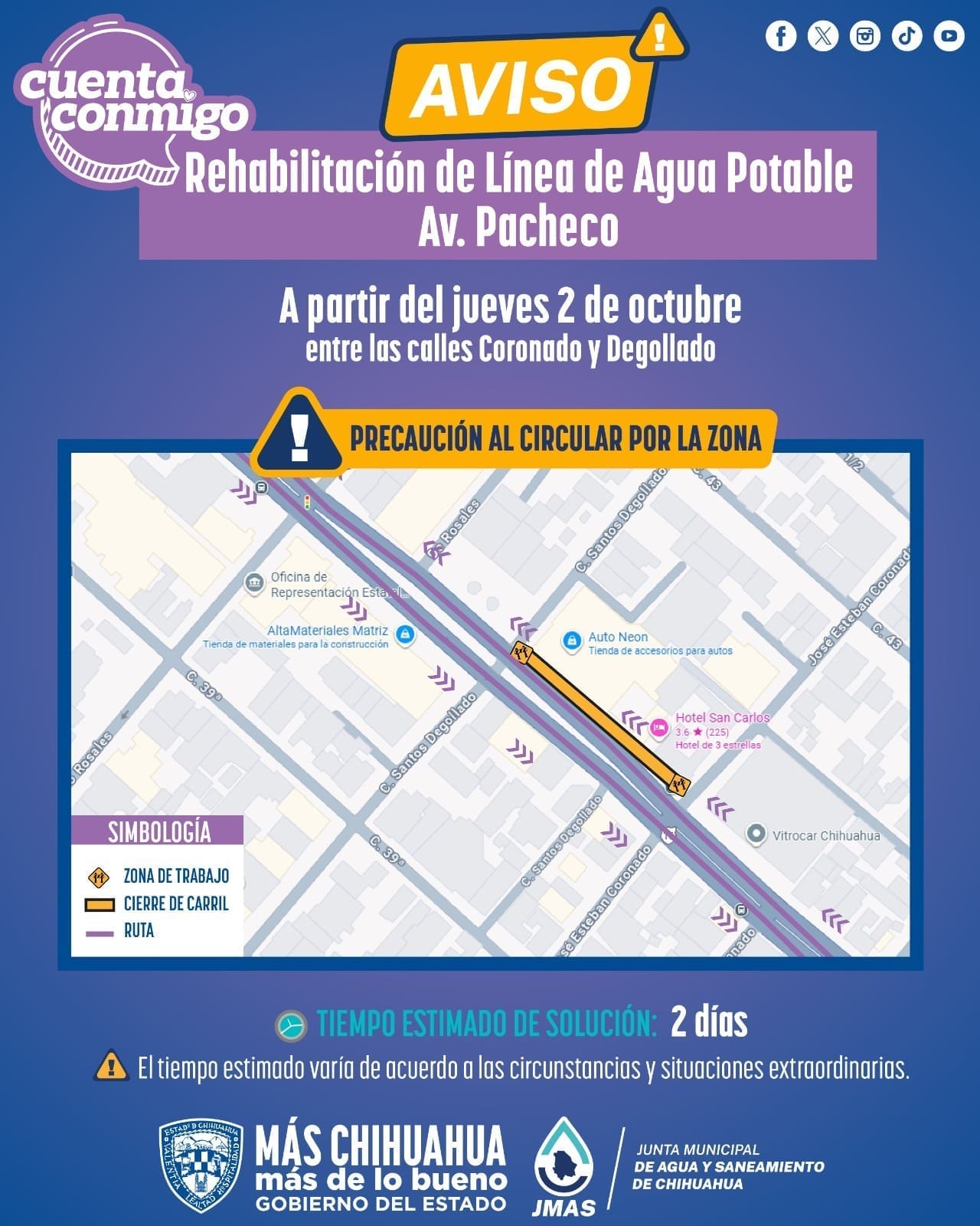 Trabajará JMAS en avenida Pacheco a partir de este jueves; toma precaución