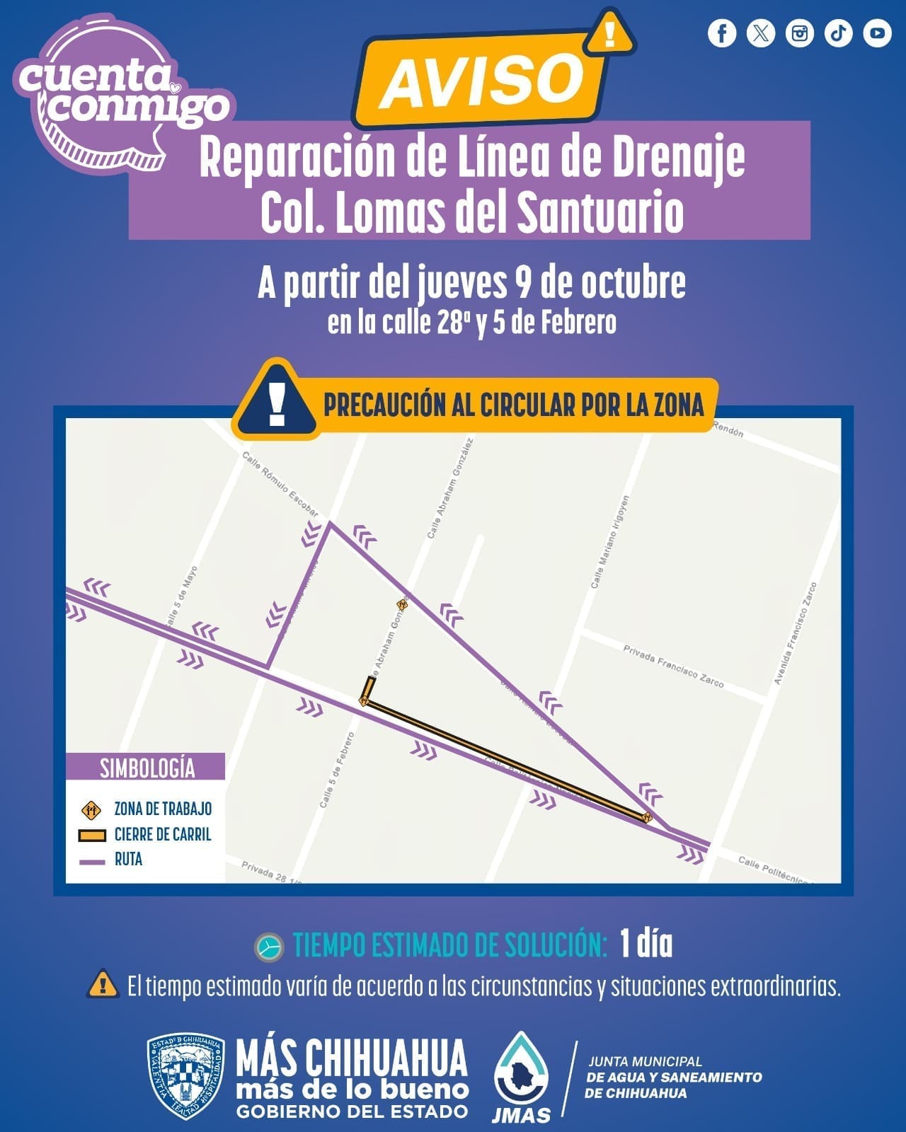 Anuncian trabajos en línea de drenaje en Lomas del Santuario para mañana jueves